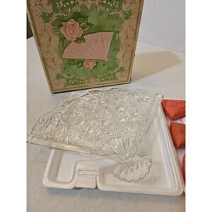 Vintage Avon Glass Fancy Fan Shape Soap Dish with hostess soaps in original box